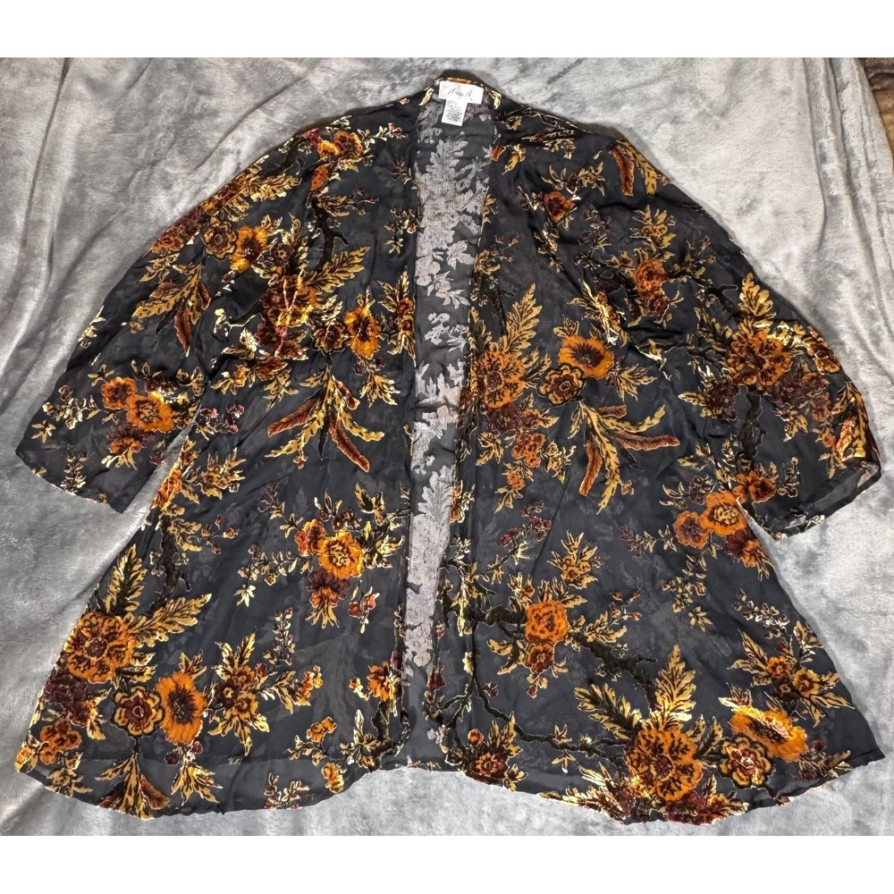 Ania.A Kimono Jacket Womens Large Black Burnout Velvet Floral Sheer Open Front